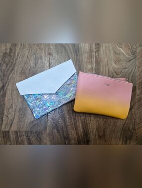 🌸 ipsy Holographic Clutch & White Flap & Pink-to-Yellow Ombre Pouch (NWOT)